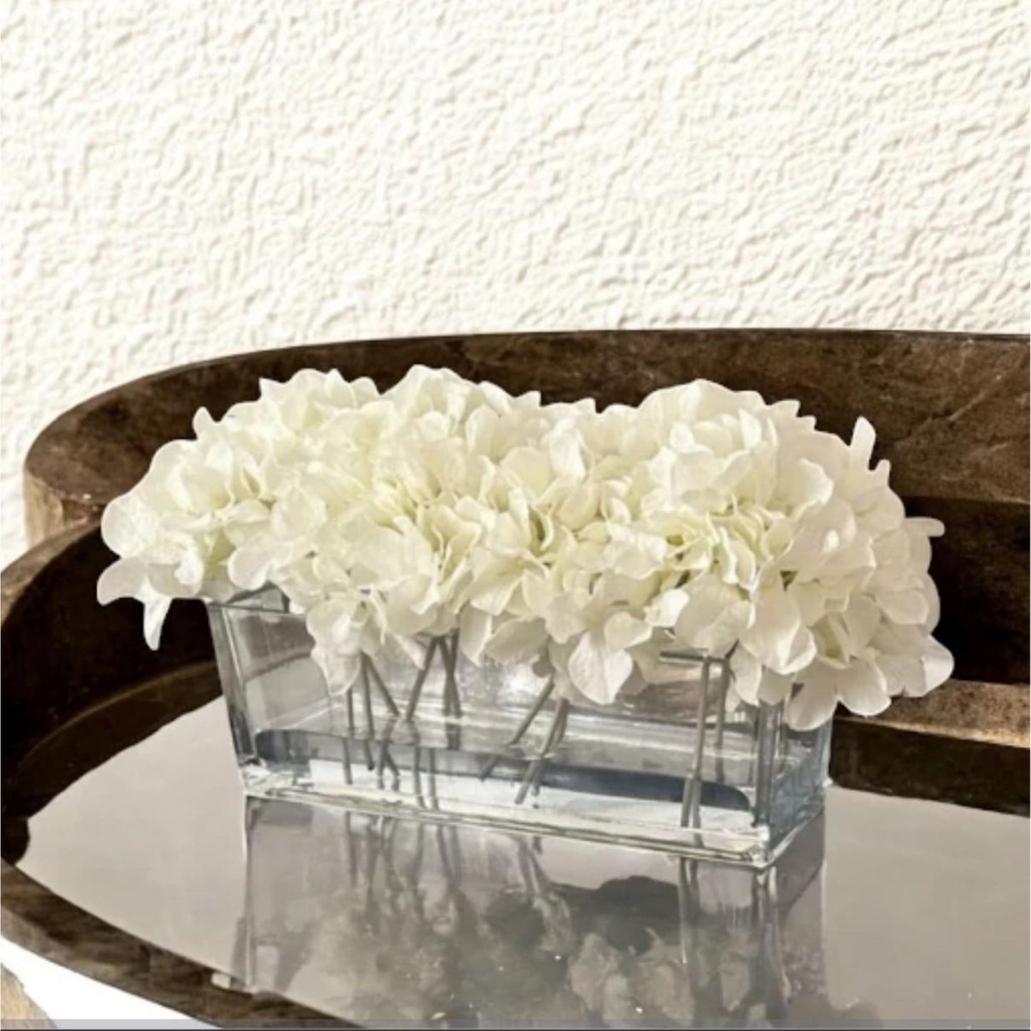 ARTIFICIAL HYDRANGEAS IN LONG RECTANGULAR GLASS VASE