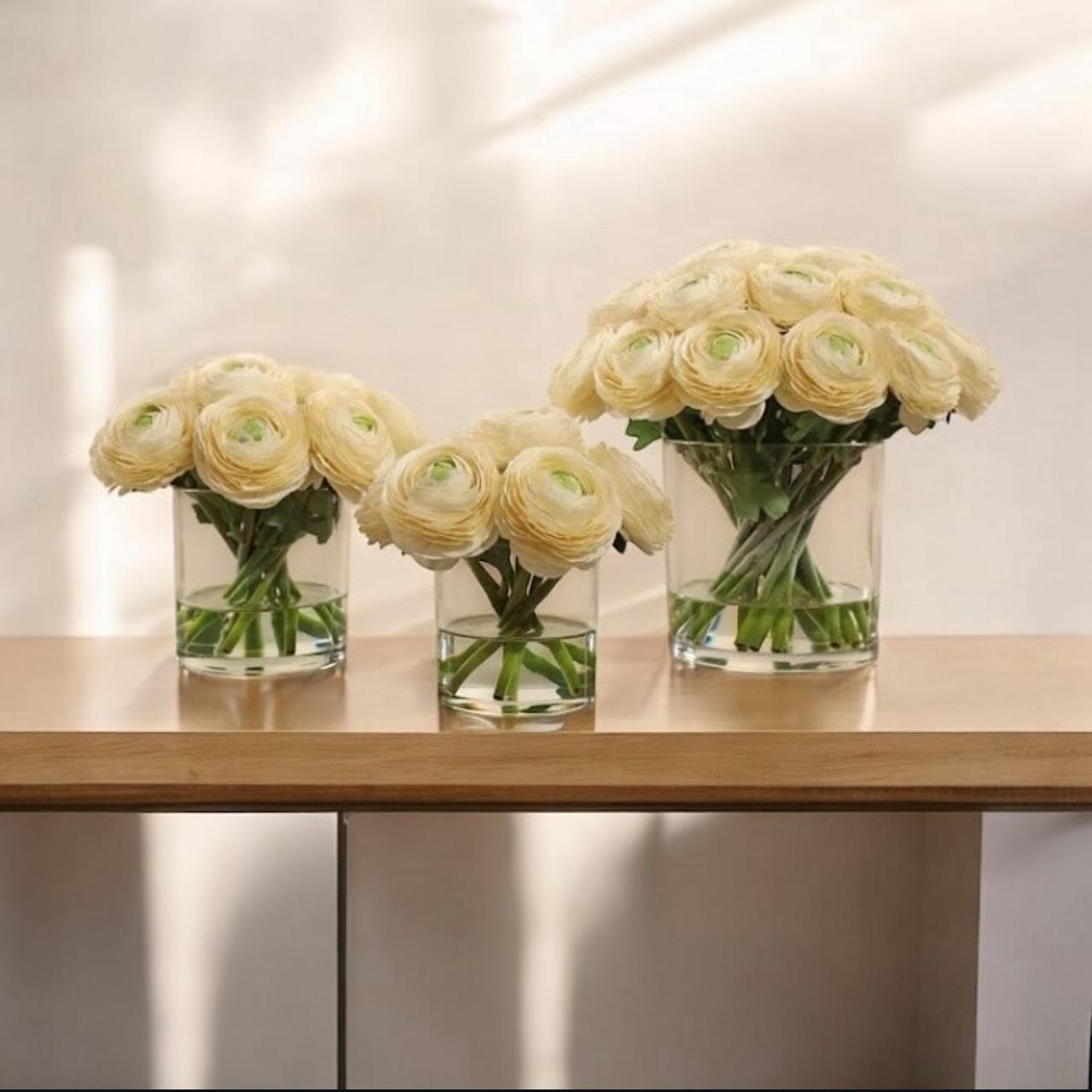 ARTIFICIAL CREAM RANUNCULUS ARRANGEMENT IN GLASS VASE
