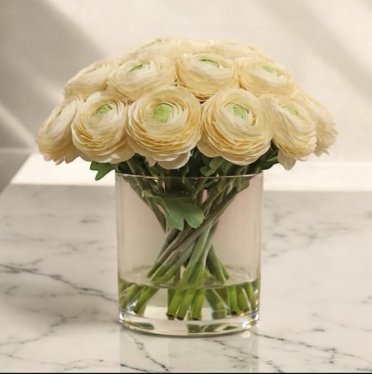 ARTIFICIAL CREAM RANUNCULUS ARRANGEMENT IN GLASS VASE