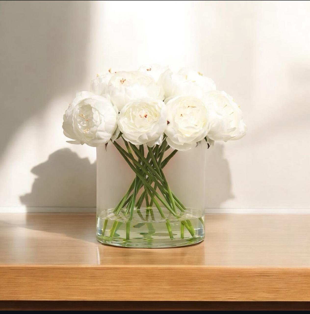 ARTIFICIAL WHITE PEONY IN GLASS VASE