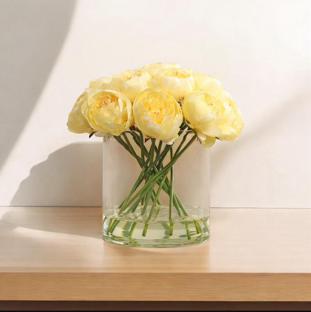 ARTIFICIAL YELLOW PEONY IN GLASS VASE