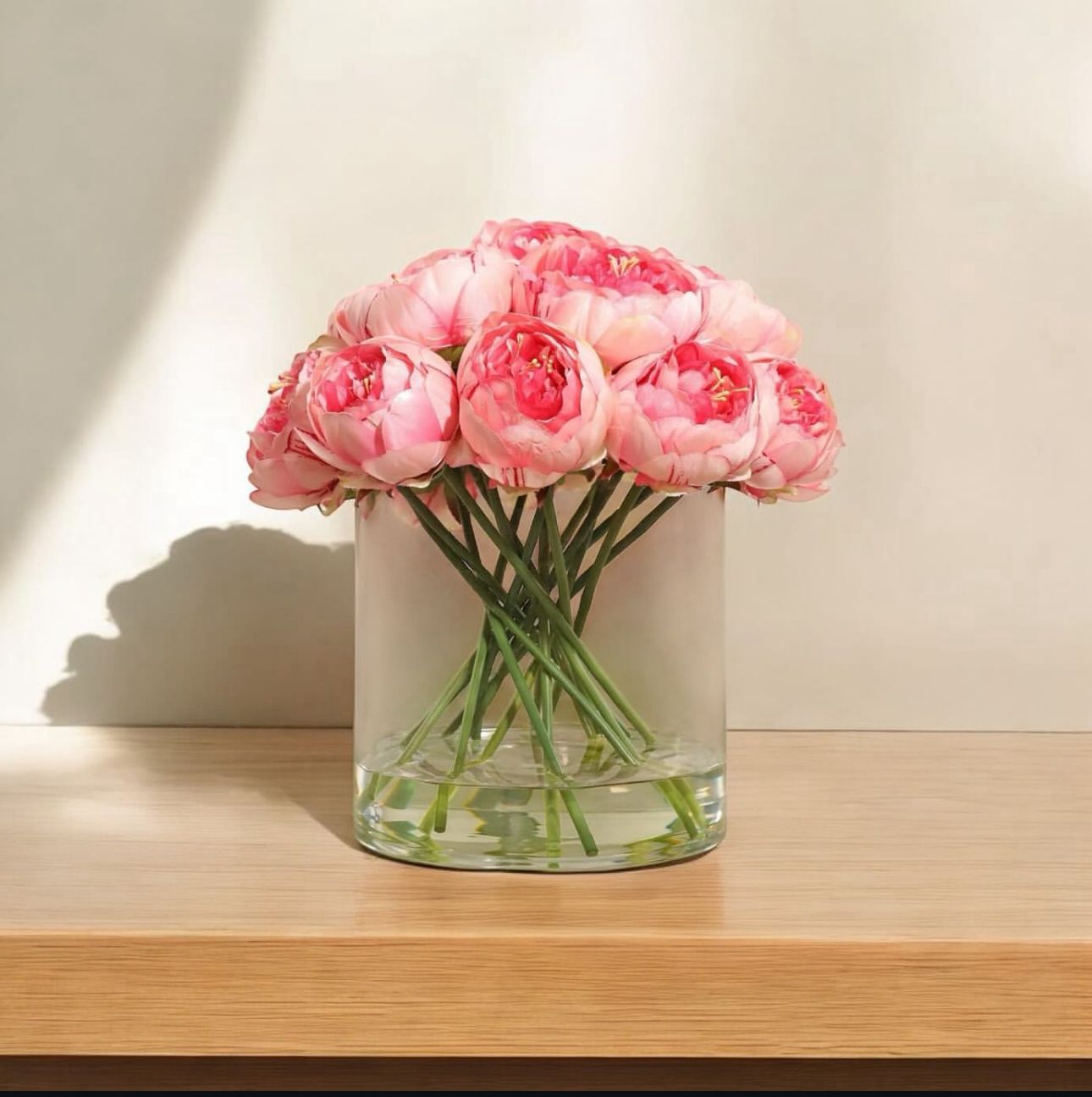 ARTIFICIAL BRIGHT PINK PEONIES IN GLASS VASE