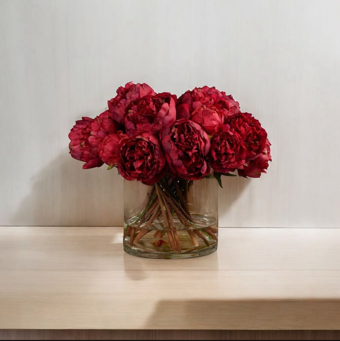 ARTIFICIAL RED PEONY ARRANGEMENT IN GLASS VASE