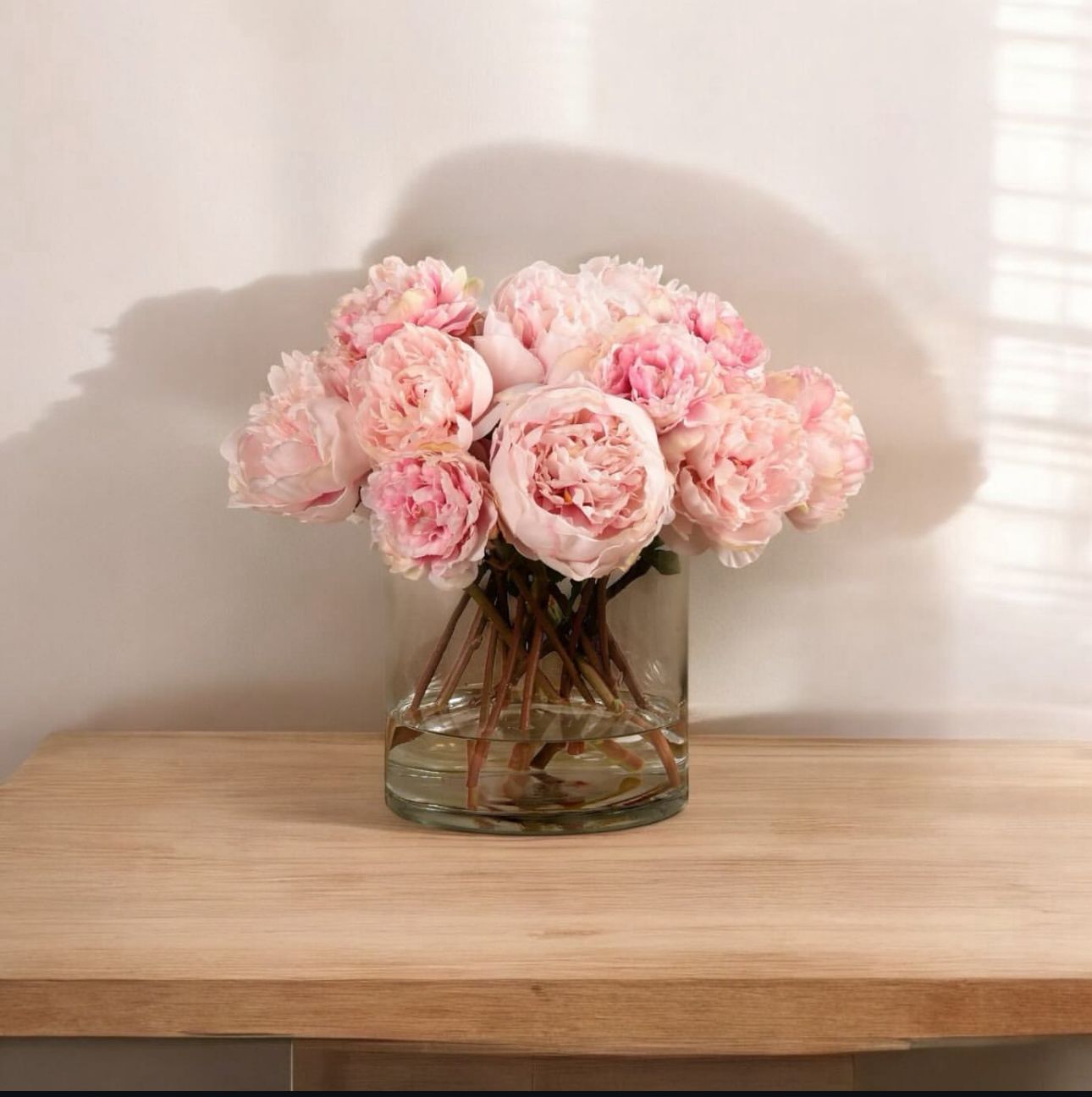 ARTIFICIAL LIGHT PINK PEONY ARRANGEMENT IN GLASS VASE