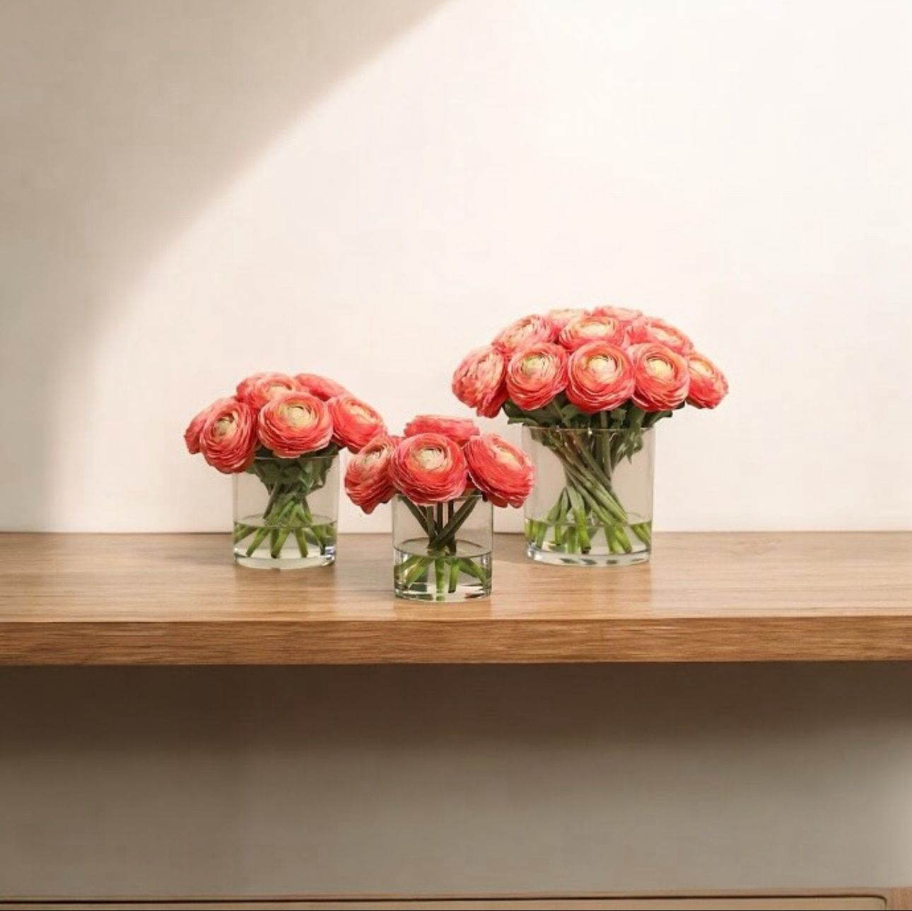 ARTIFICIAL CORAL RANUNCULUS ARRANGEMENT IN GLASS VASE