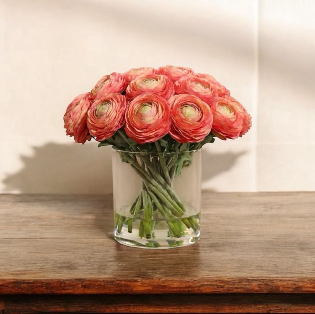 ARTIFICIAL CORAL RANUNCULUS ARRANGEMENT IN GLASS VASE