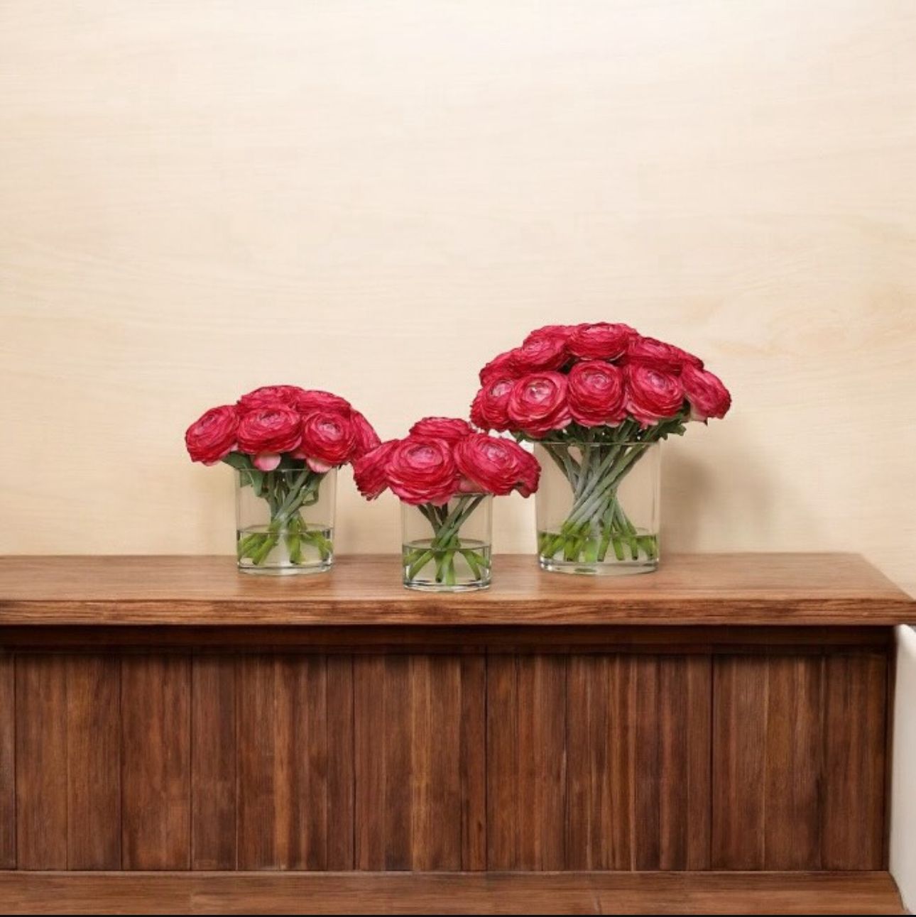 ARTIFICIAL PINK RANUNCULUS ARRANGEMENT IN GLASS VASE