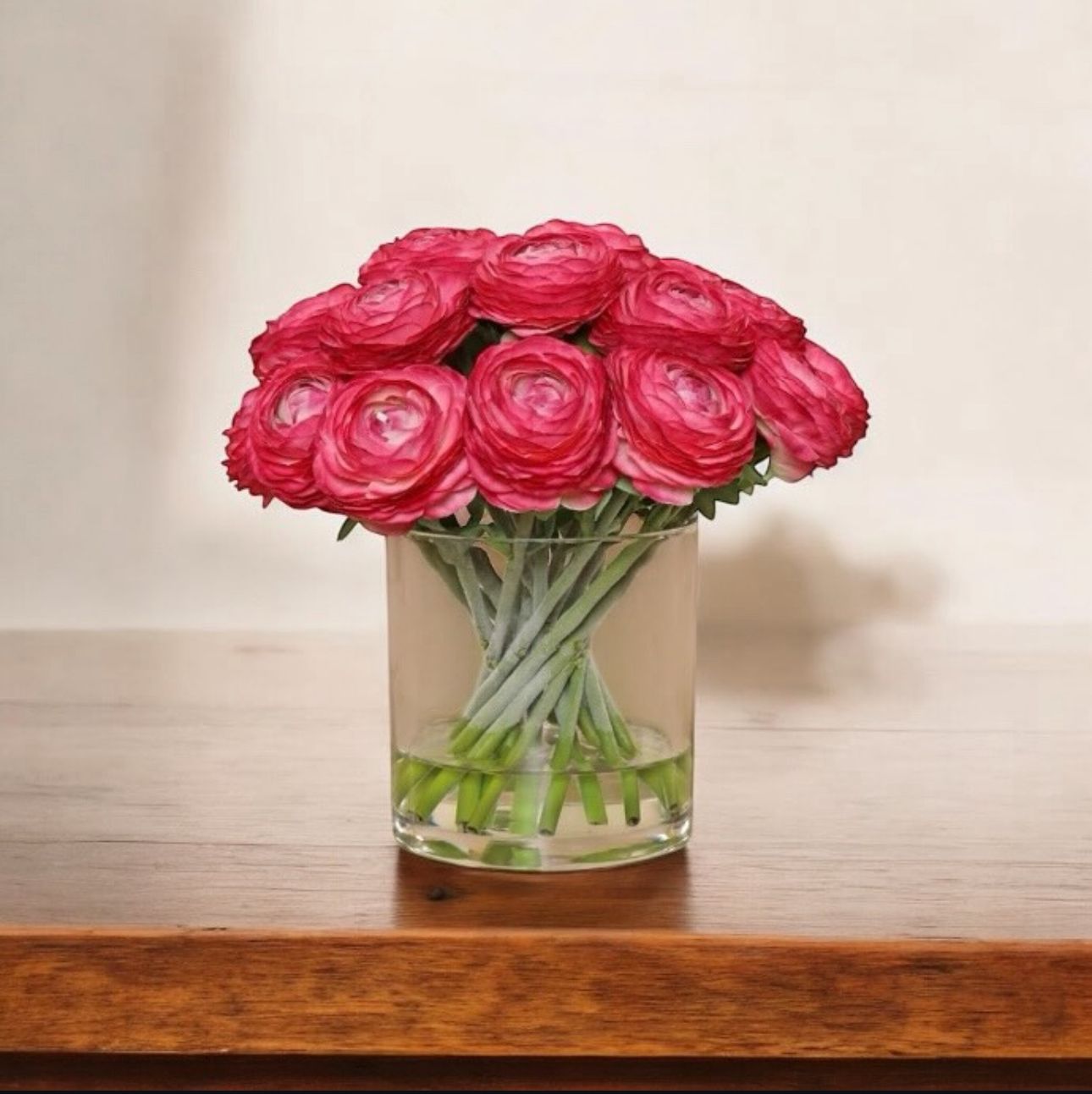 ARTIFICIAL PINK RANUNCULUS ARRANGEMENT IN GLASS VASE