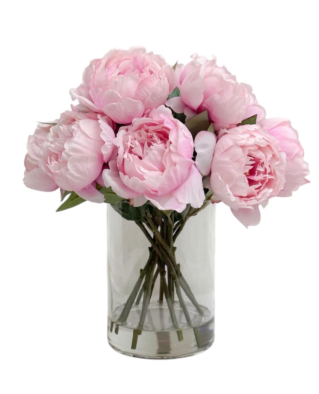 ARTIFICIAL PINK PEONY ARRANGEMENT IN GLASS VASE
