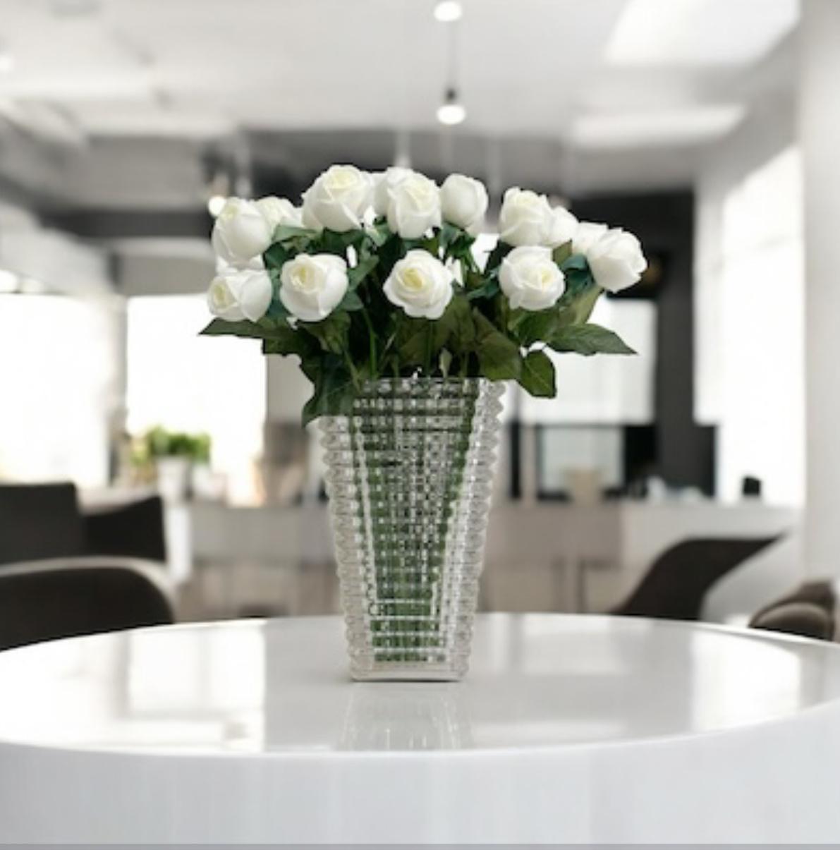 ARTIFICIAL RED ROSE ARRANGEMENT IN LUXURY TEXTURED GLASS VASE
