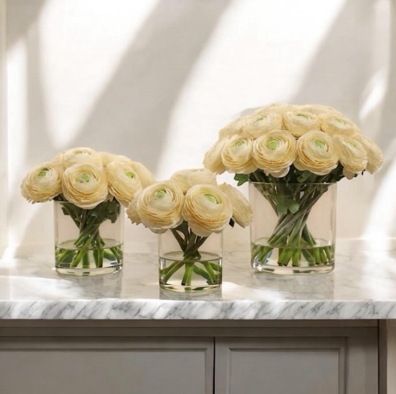 ARTIFICIAL CREAM RANUNCULUS ARRANGEMENT IN GLASS VASE