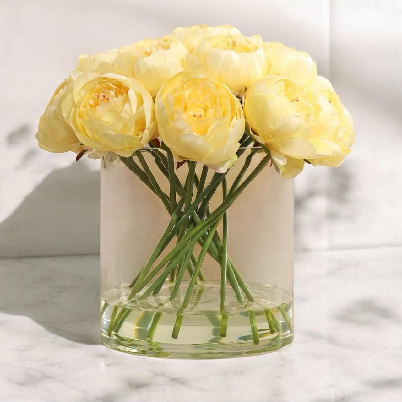 ARTIFICIAL BRIGHT PINK PEONIES IN GLASS VASE