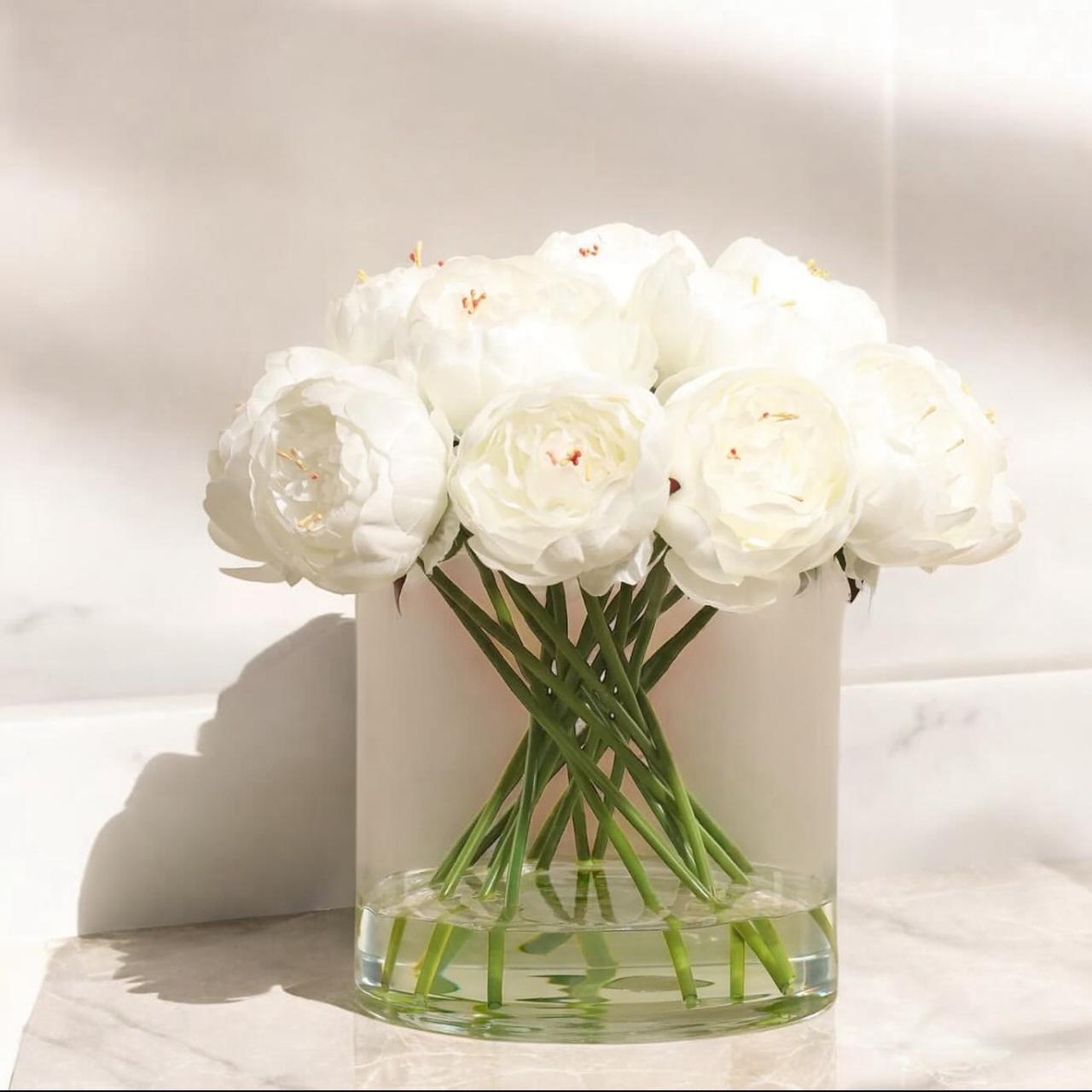 ARTIFICIAL BRIGHT PINK PEONIES IN GLASS VASE