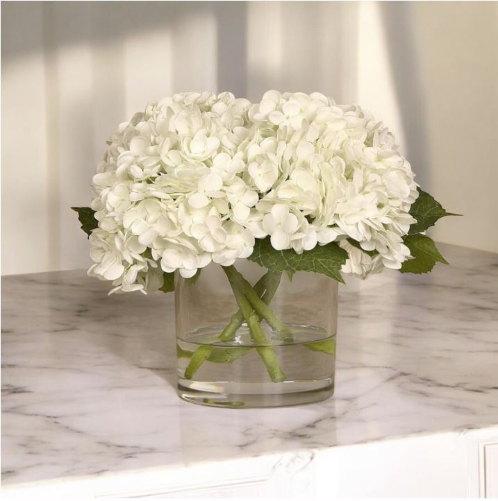 ARTIFICIAL HYDRANGEA IN ROUND GLASS VASE