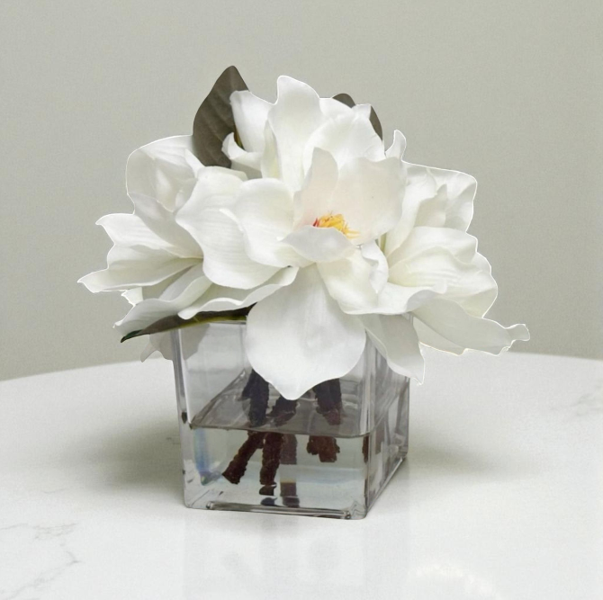 ARTIFICIAL MAGNOLIA IN SQUARE / RECTANGULAR GLASS VASE