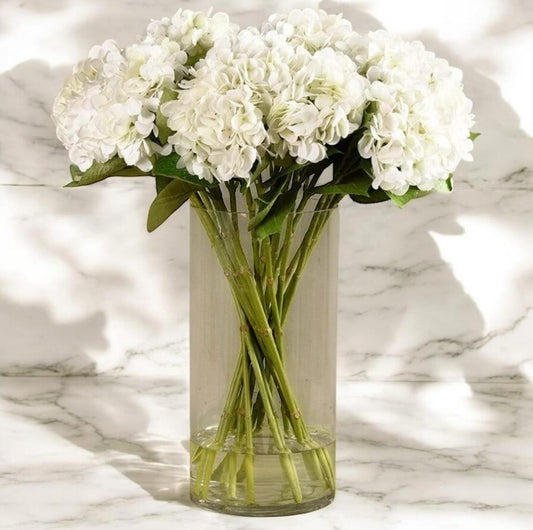 ARTIFICIAL HYDRANGEA ARRANGEMENT IN GLASS VASE