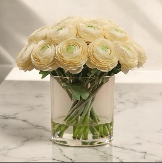 ARTIFICIAL CREAM RANUNCULUS ARRANGEMENT IN GLASS VASE