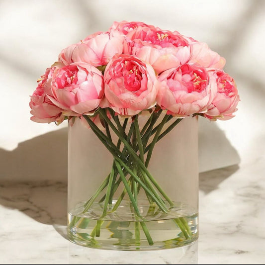ARTIFICIAL BRIGHT PINK PEONIES IN GLASS VASE