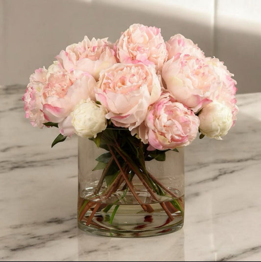 ARTIFICIAL PEONIES ARRANGEMENT IN GLASS VASE