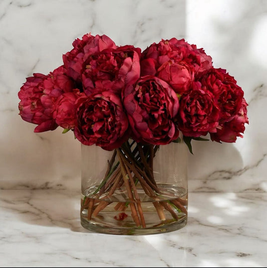 ARTIFICIAL RED PEONY ARRANGEMENT IN GLASS VASE