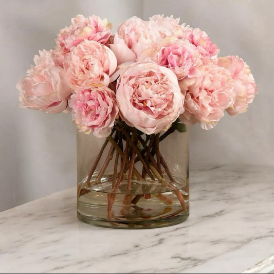 ARTIFICIAL LIGHT PINK PEONY ARRANGEMENT IN GLASS VASE
