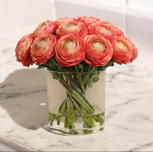 ARTIFICIAL CORAL RANUNCULUS ARRANGEMENT IN GLASS VASE