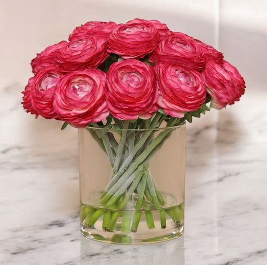 ARTIFICIAL PINK RANUNCULUS ARRANGEMENT IN GLASS VASE