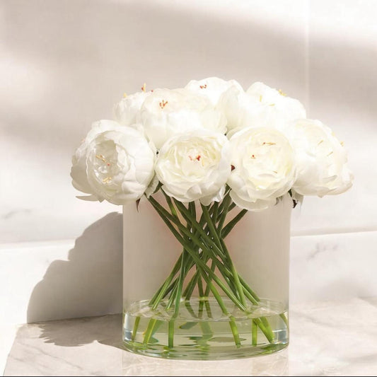 ARTIFICIAL PEONY ARRANGEMENT IN ROUND GLASS VASE