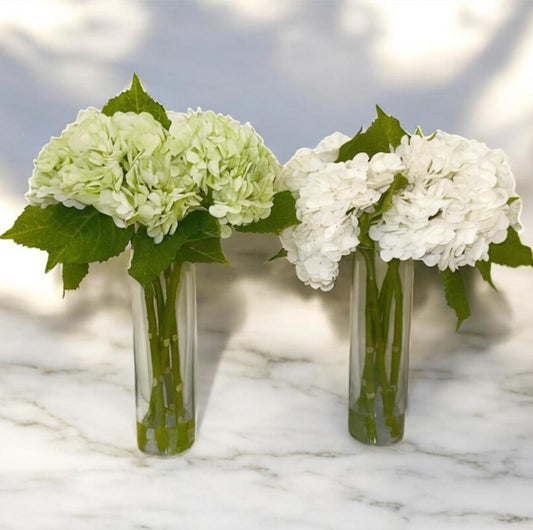 ARTIFICIAL HYDRANGEA IN SLIM GLASS VASE