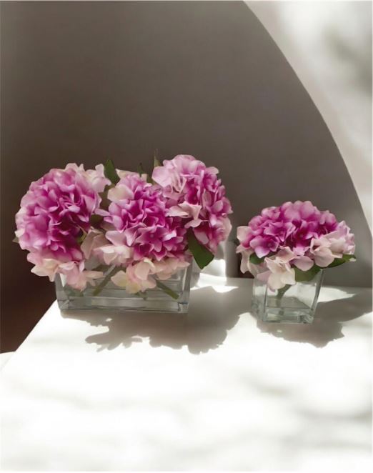 ARTIFICIAL PURPLE HYDRANGEAS IN GLASS as COMBO