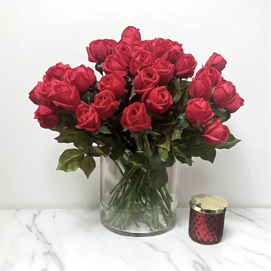 LUXURY ARTIFICIAL ROSE ARRANGEMENT IN GLASS VASE