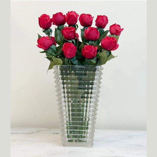 ARTIFICIAL RED ROSE ARRANGEMENT IN LUXURY TEXTURED GLASS VASE