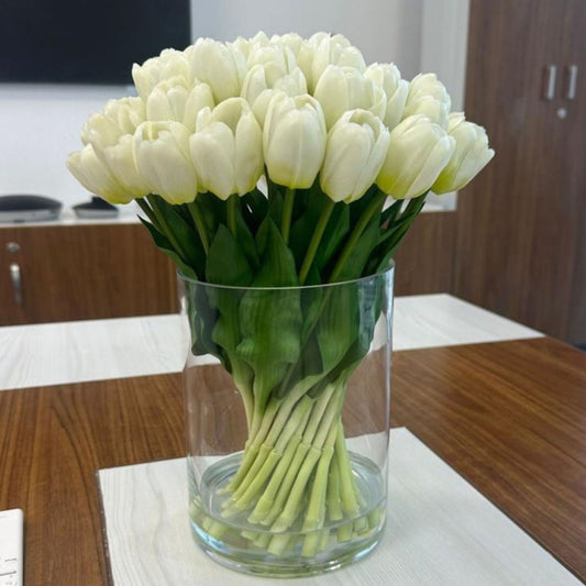 ARTIFICIAL WHITE TULIPS IN GLASS VASE